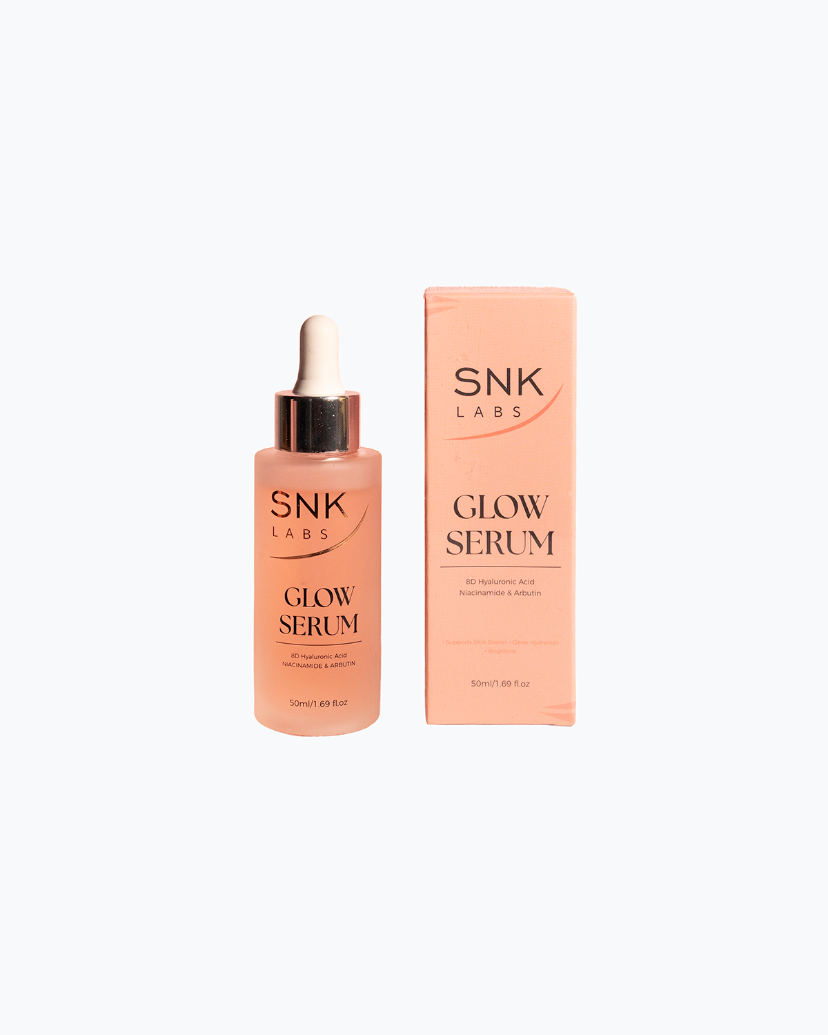 SNK Labs Glow Serum bottle, formulated with 3% niacinamide and 1% alpha-arbutin