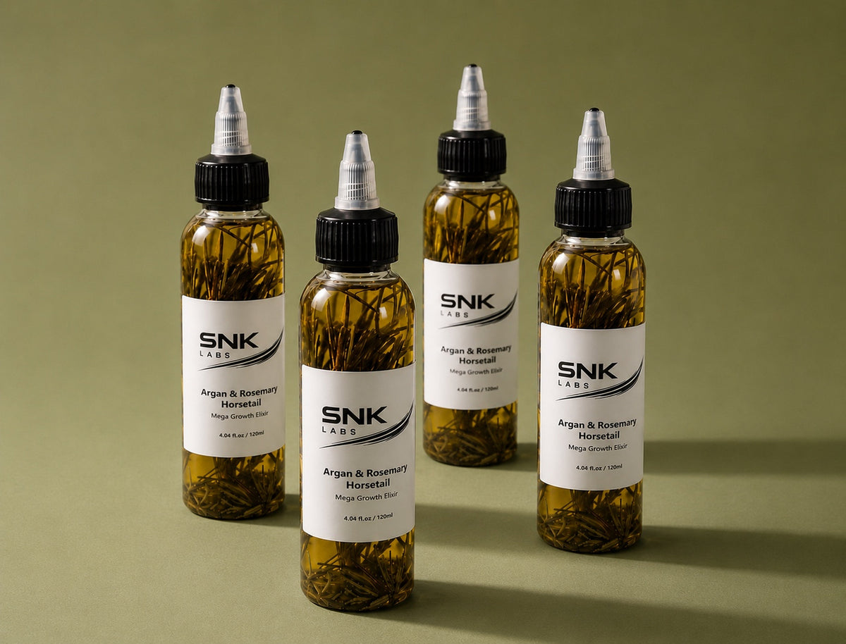 SNK Labs Hair Growth Elixir, a lightweight botanical scalp oil containing rosemary